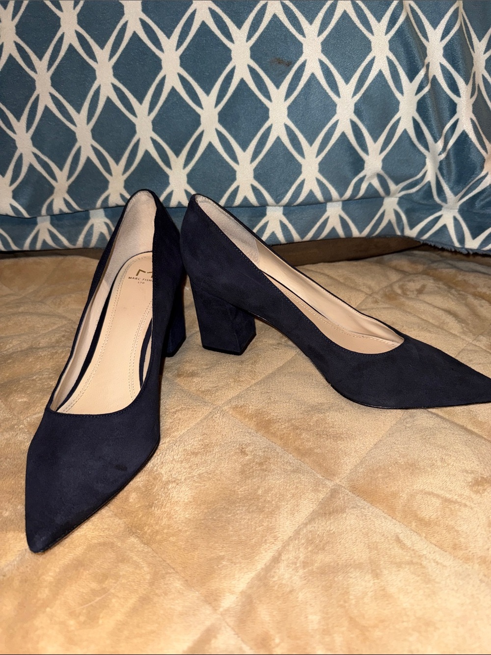 Marc Fisher Zara Navy Suede Pointed Block Heel Pumps